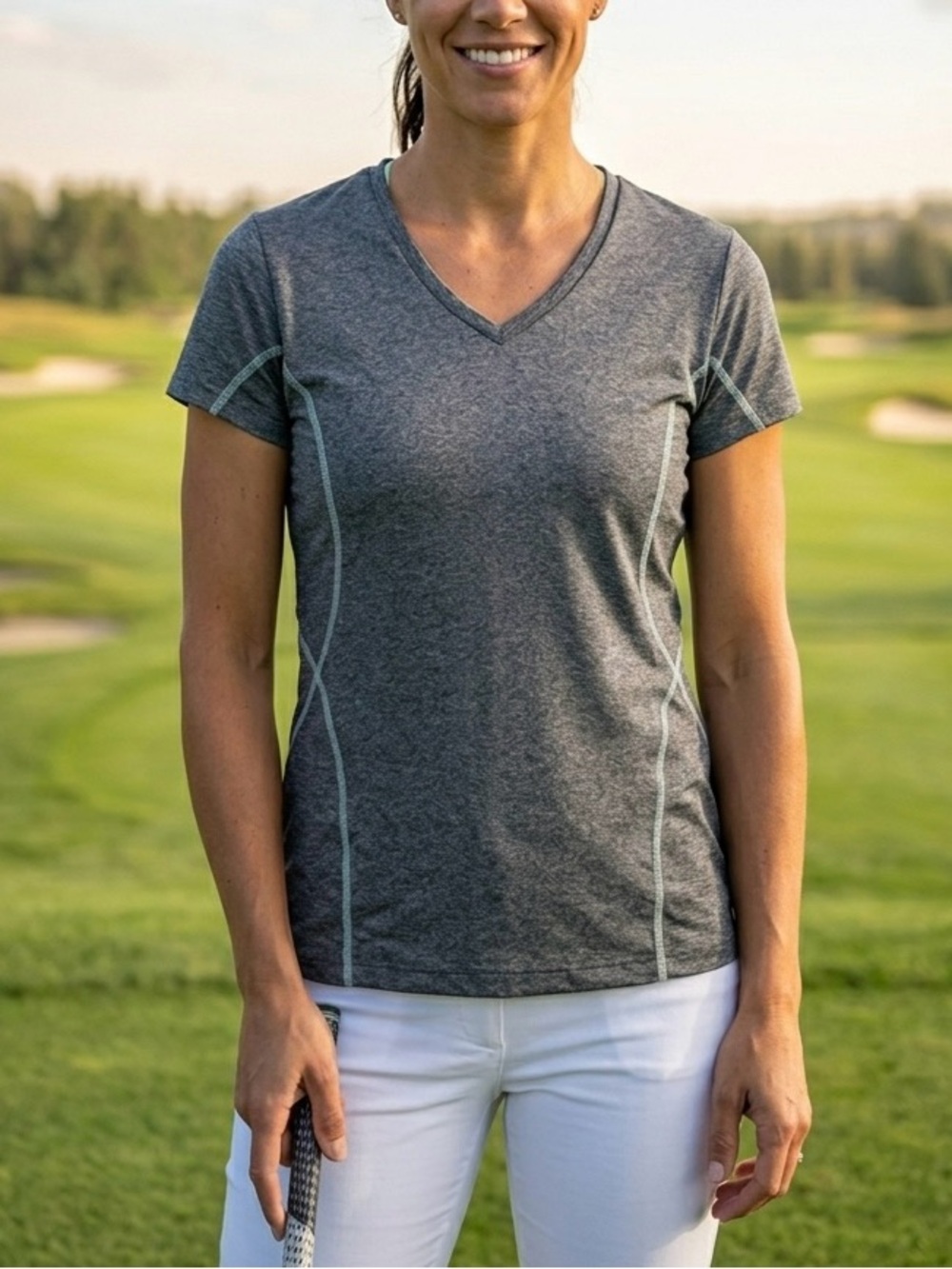 Peter Millar Women's Golf V-Neck E4 Performance Heather Grey Top Sz M